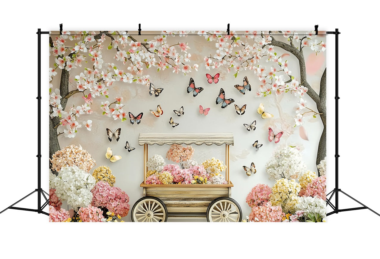 Spring Flower Backdrop Blossoming Cherry Butterfly Cart Backdrop UK LXX1-20