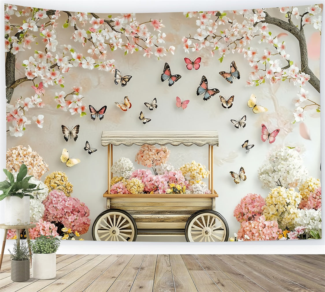 Spring Flower Backdrop Blossoming Cherry Butterfly Cart Backdrop UK LXX1-20