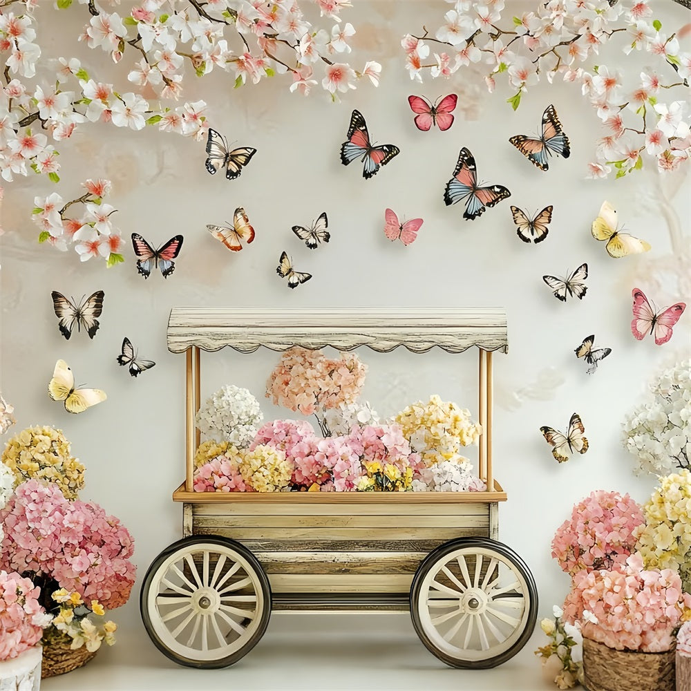 Spring Flower Backdrop Blossoming Cherry Butterfly Cart Backdrop UK LXX1-20