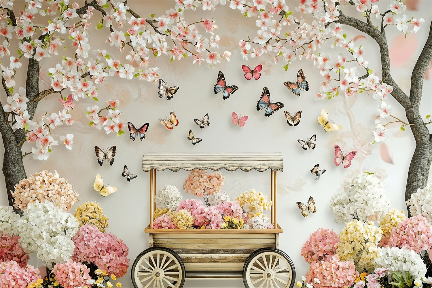 Spring Flower Backdrop Blossoming Cherry Butterfly Cart Backdrop UK LXX1-20