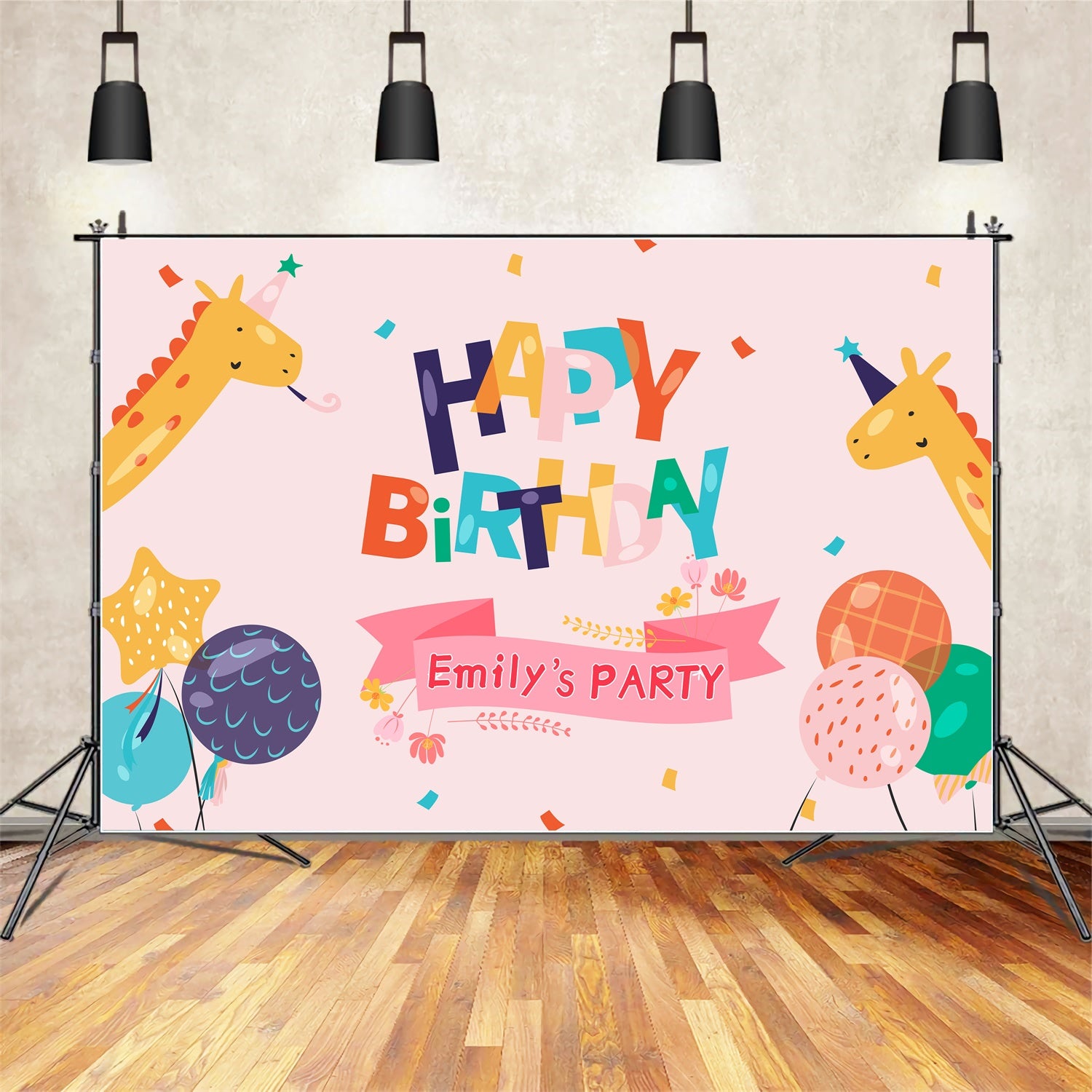 Customized Birthday Backdrop Cheerful Giraffes Balloon Backdrop UK LXX1-221