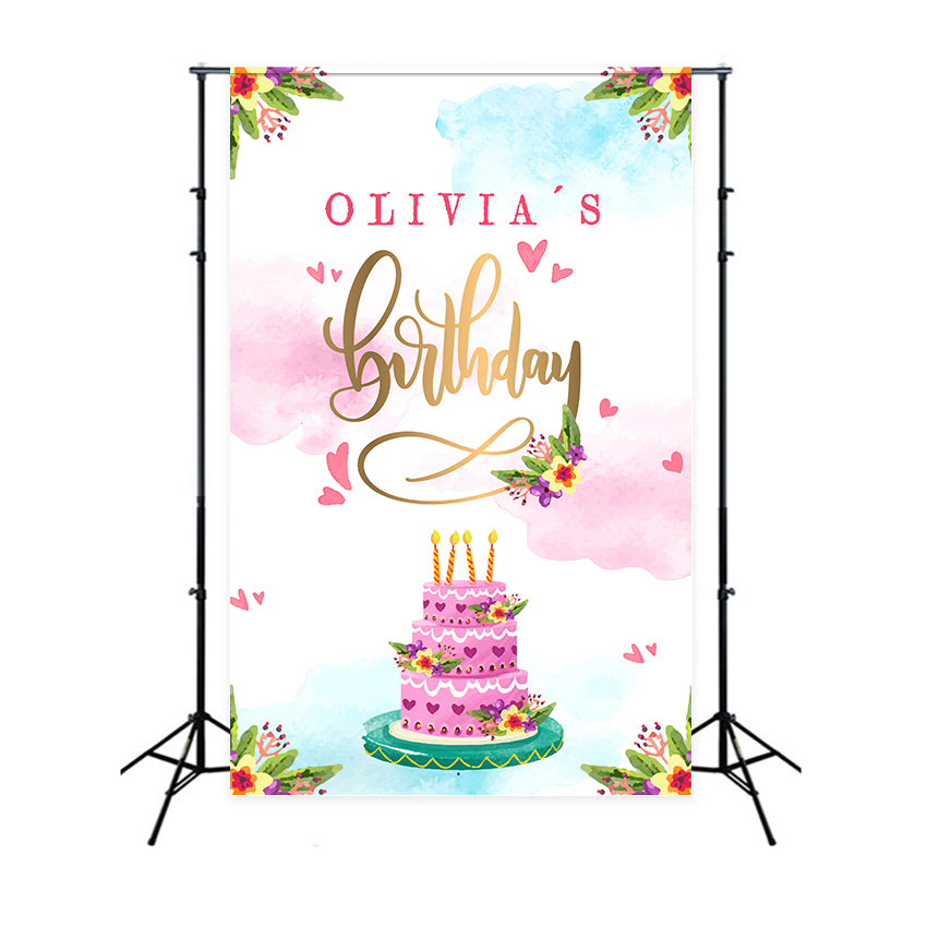 Personalized Birthday Backdrop Watercolor Cake Flower Backdrop UK LXX1-225