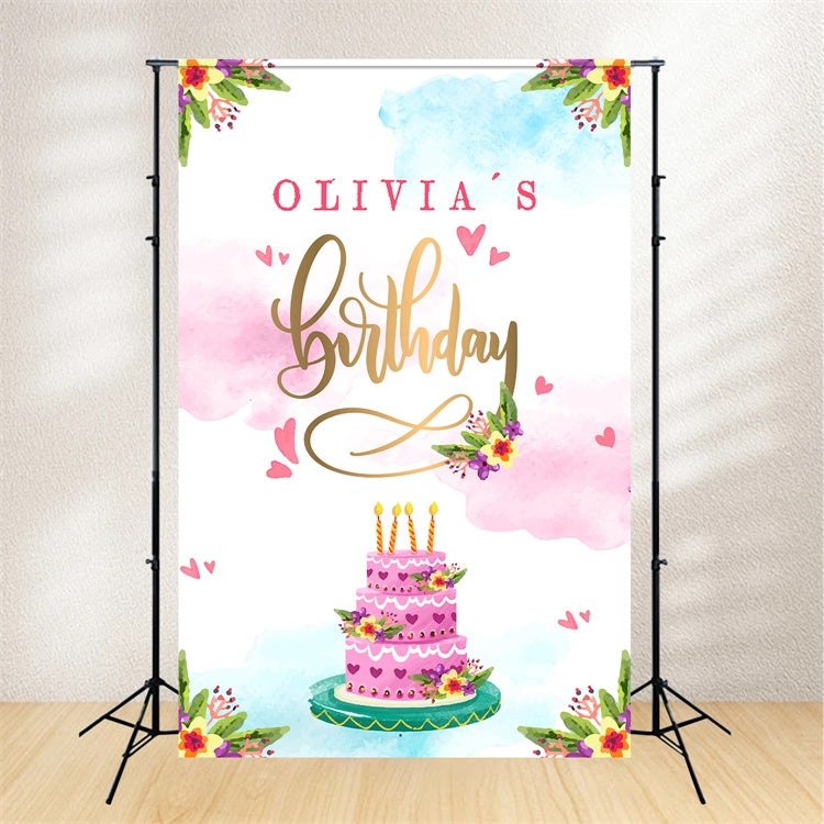 Personalized Birthday Backdrop Watercolor Cake Flower Backdrop UK LXX1-225