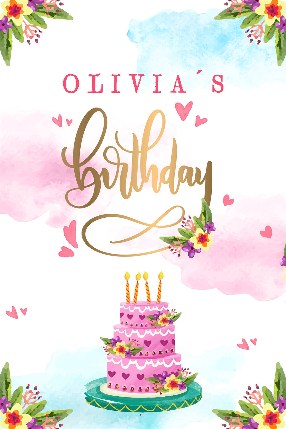 Personalized Birthday Backdrop Watercolor Cake Flower Backdrop UK LXX1-225