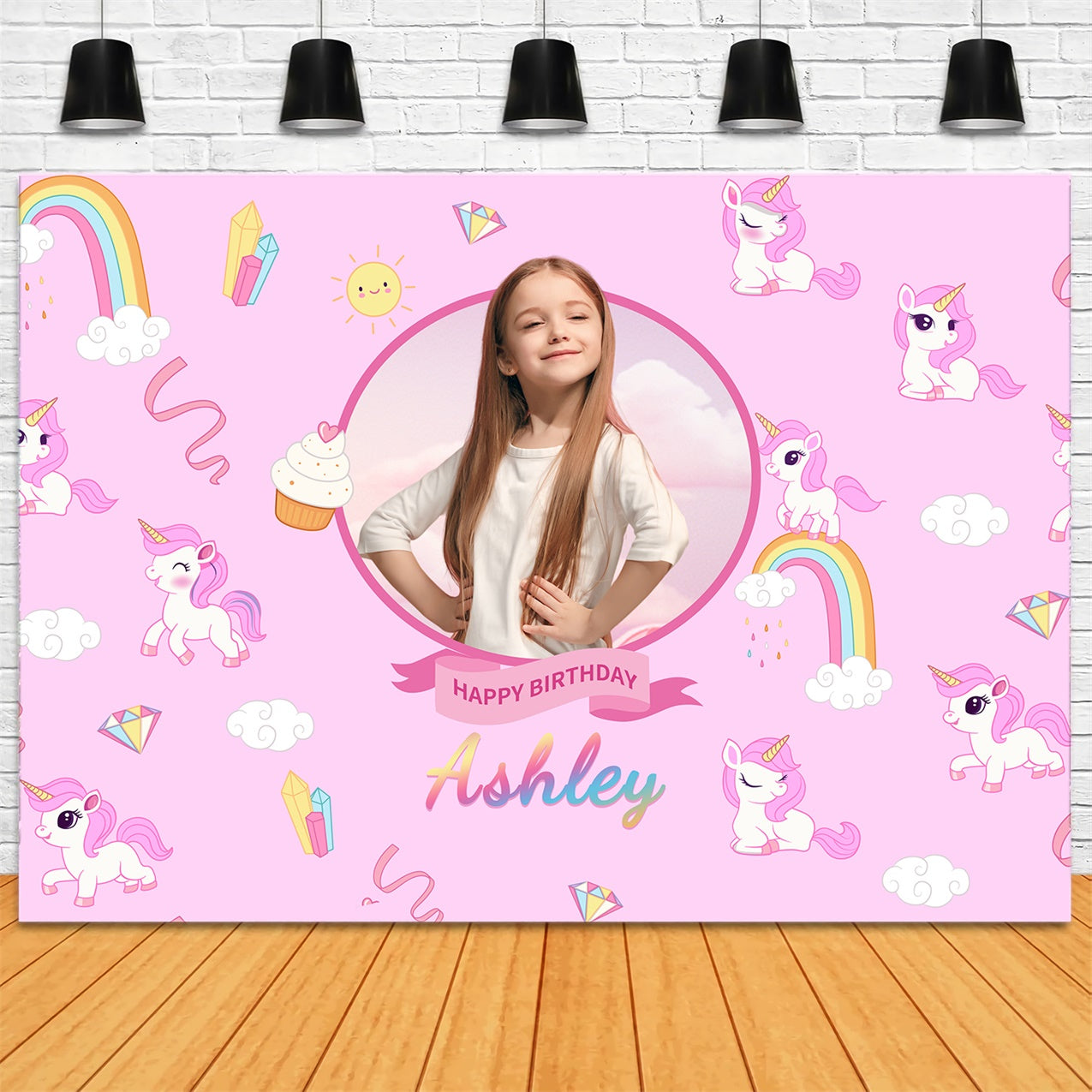 Custom Made Birthday Backdrops Pink Unicorn Rainbow Backdrop UK LXX1-241