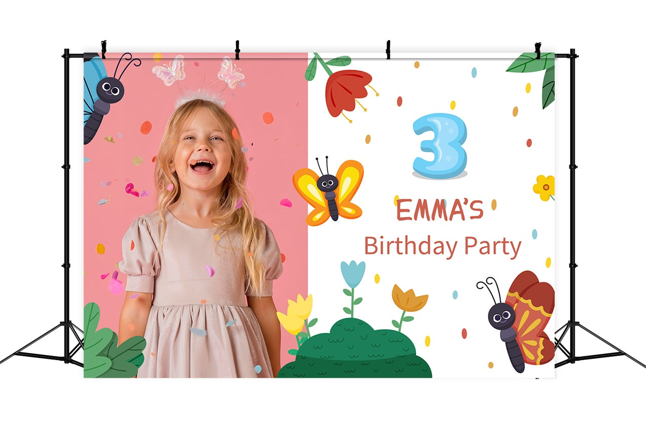 Customized Birthday Backdrop Butterflies Flowers Celebration Backdrop UK LXX1-242