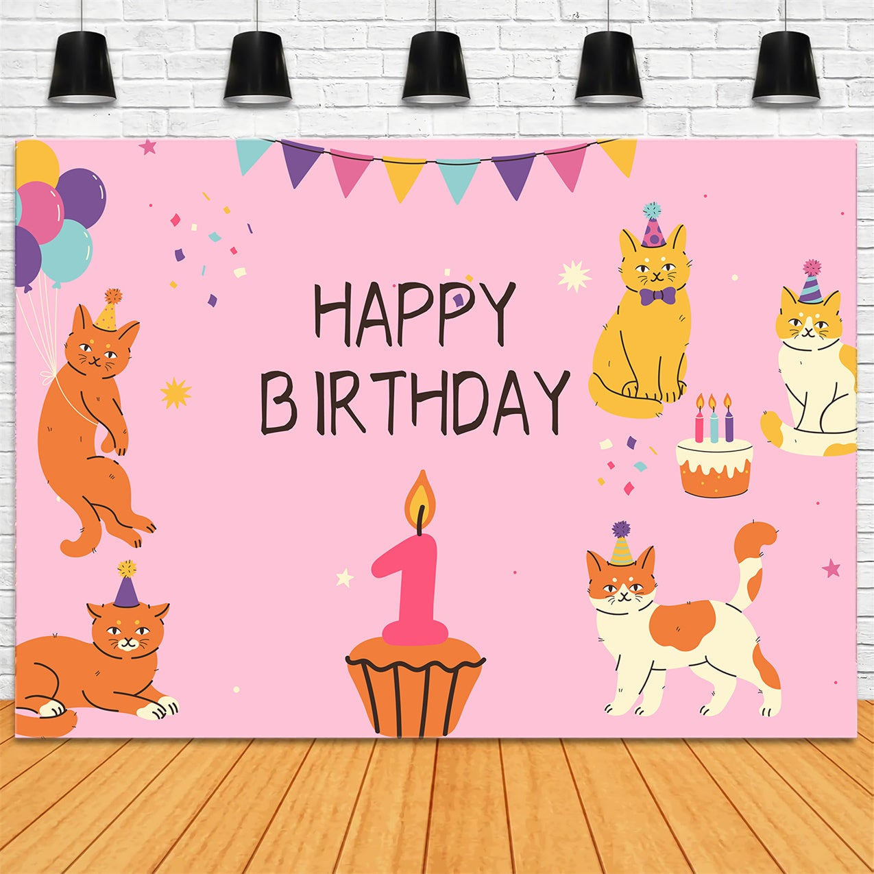 Customize Backdrop For Birthday 1st Party Cats Balloon Backdrop UK LXX1-245