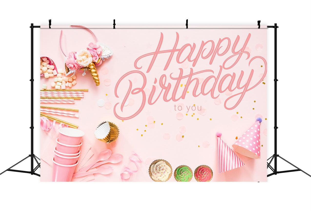 Customize Birthday Backdrop Pink Party Cupcake Photo Backdrop UK LXX1-249