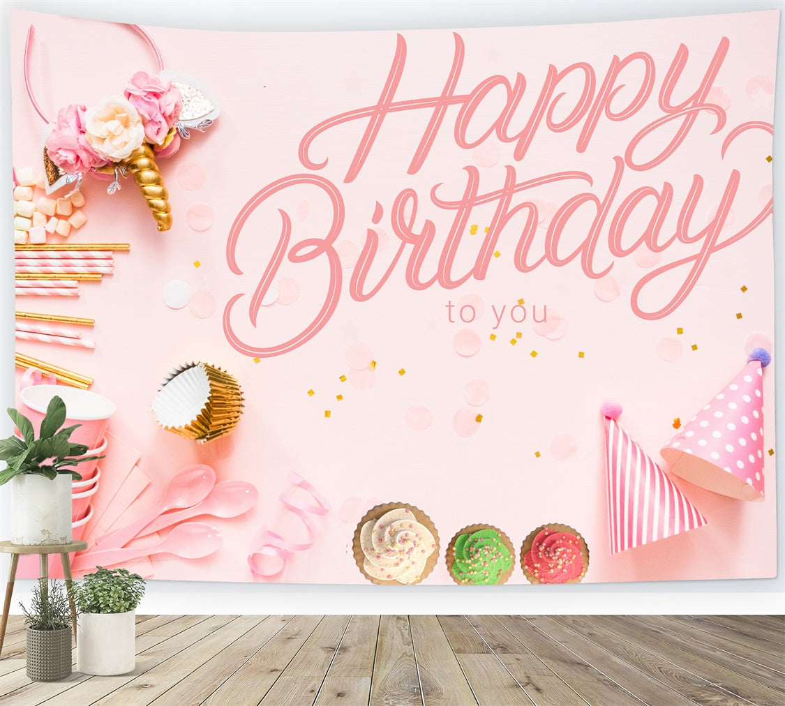 Customize Birthday Backdrop Pink Party Cupcake Photo Backdrop UK LXX1-249