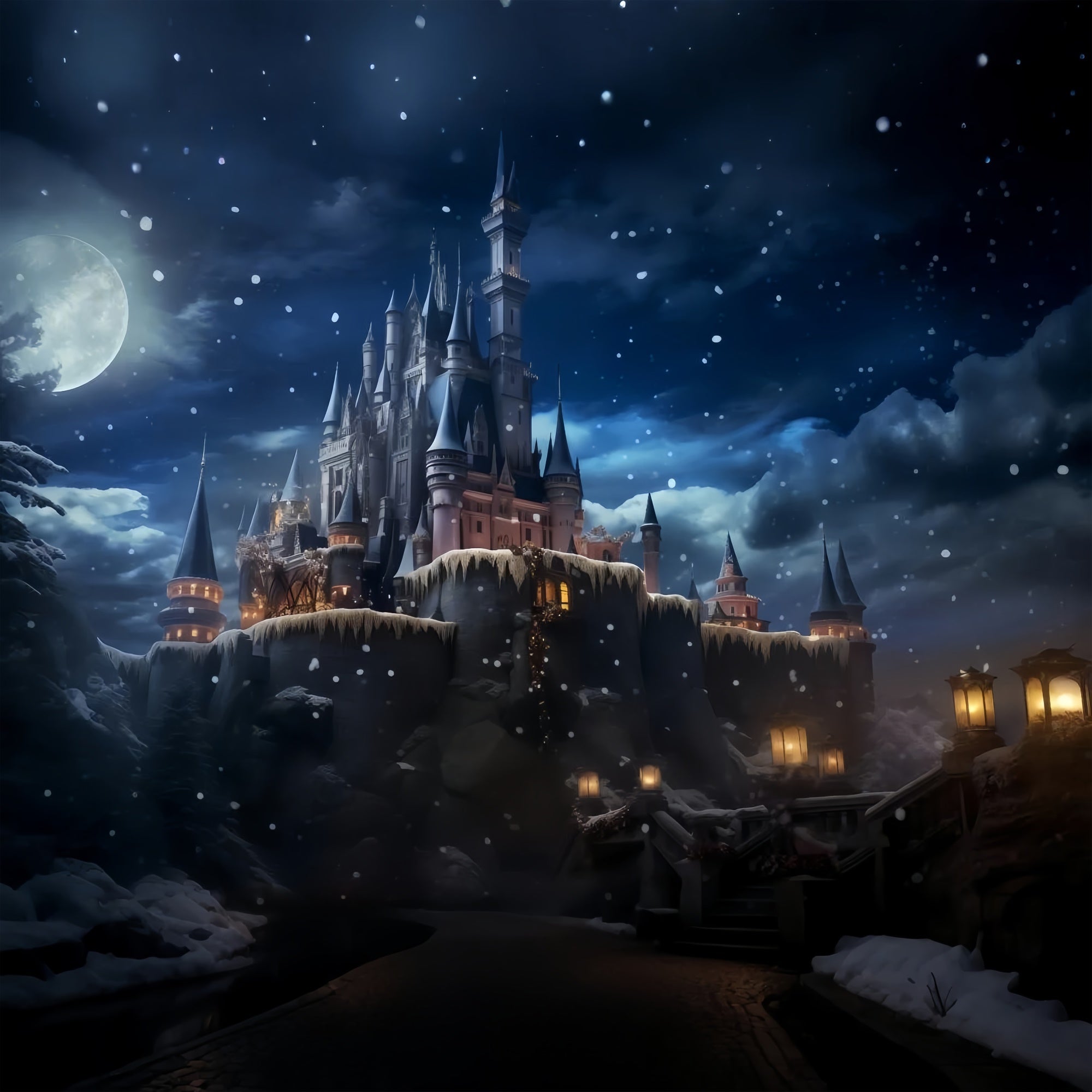 Pet Backdrops Moonlit Castle Winter Night Backdrop UK LXX1-275