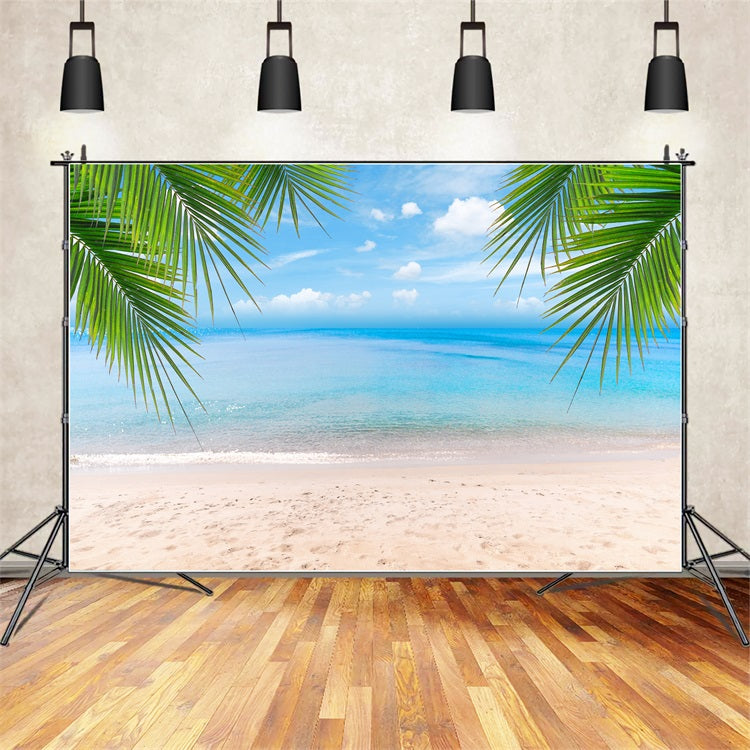 Cloudy Sky Backdrop Sandy Shore Palm Leaves Backdrop UK LXX1-312