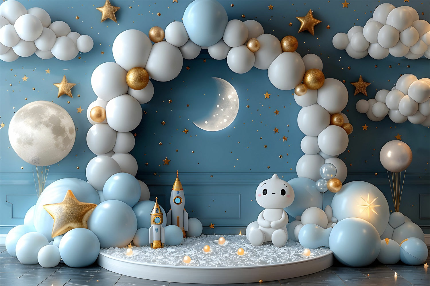 Cloudy Sky Backdrop Starry Moonlit Balloon Arch Backdrop UK LXX1-340