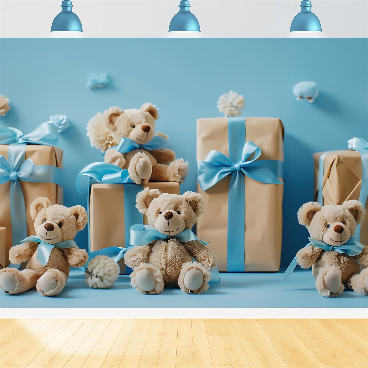 Backdrop Cloud Blue Teddy Bears Gift Boxes Backdrop UK LXX1-341