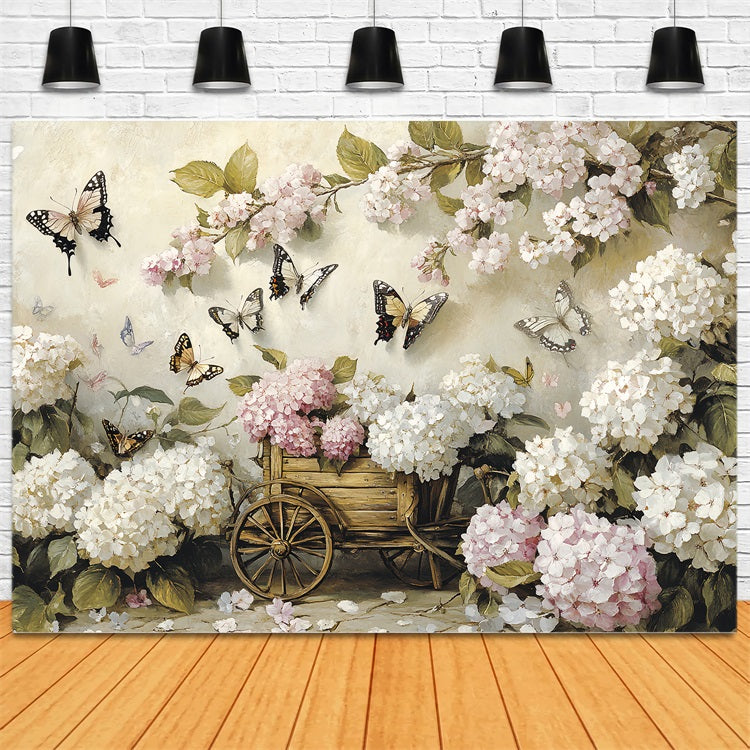 Spring Backdrop Photography Rustic Floral Cart Butterflies Backdrop UK LXX1-4