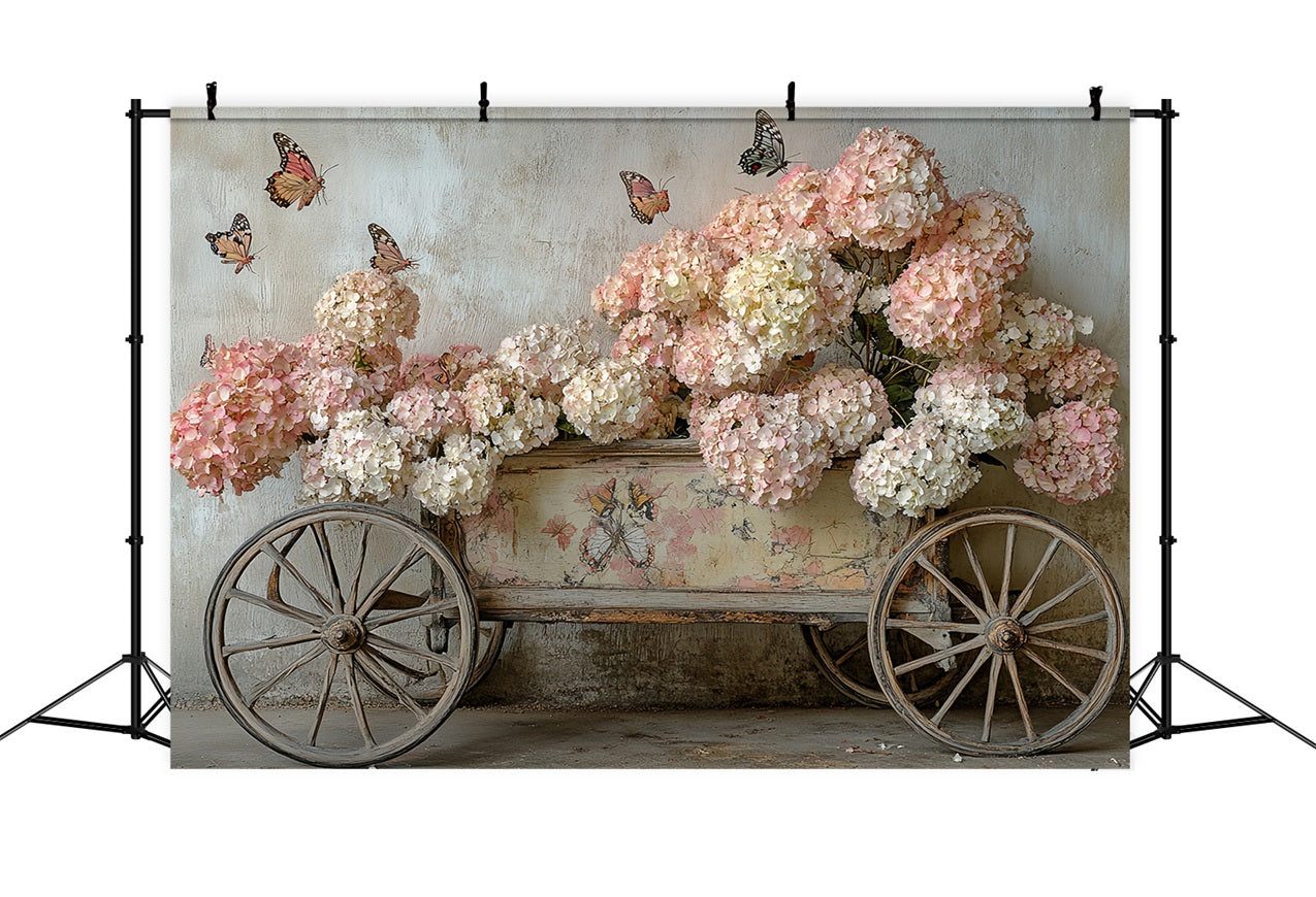 Spring Photo Backdrops Pink Hydrangea Butterfly Cart Backdrop UK LXX1-5