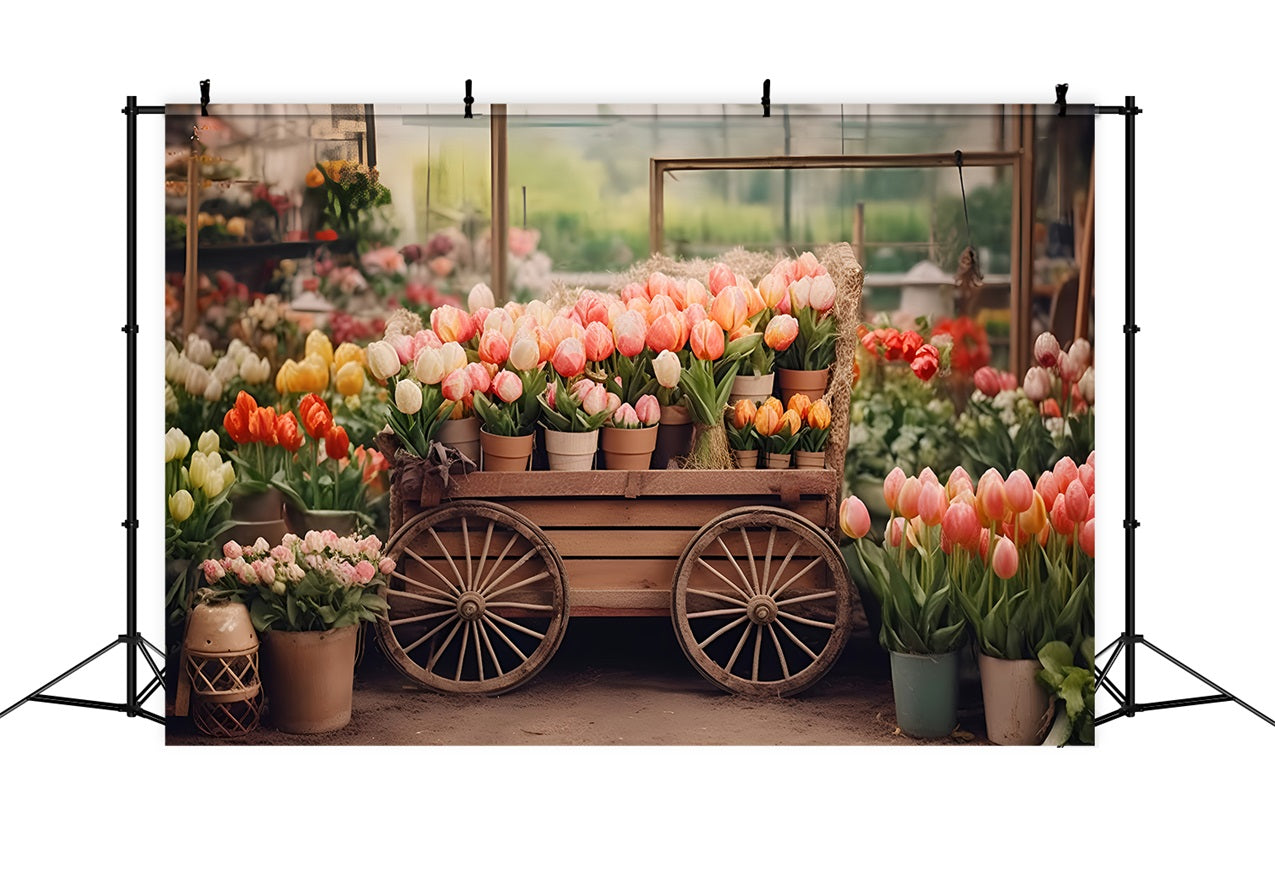 Spring Backdrop Photography Tulip Cart Rustic Market Backdrop UK LXX1-60