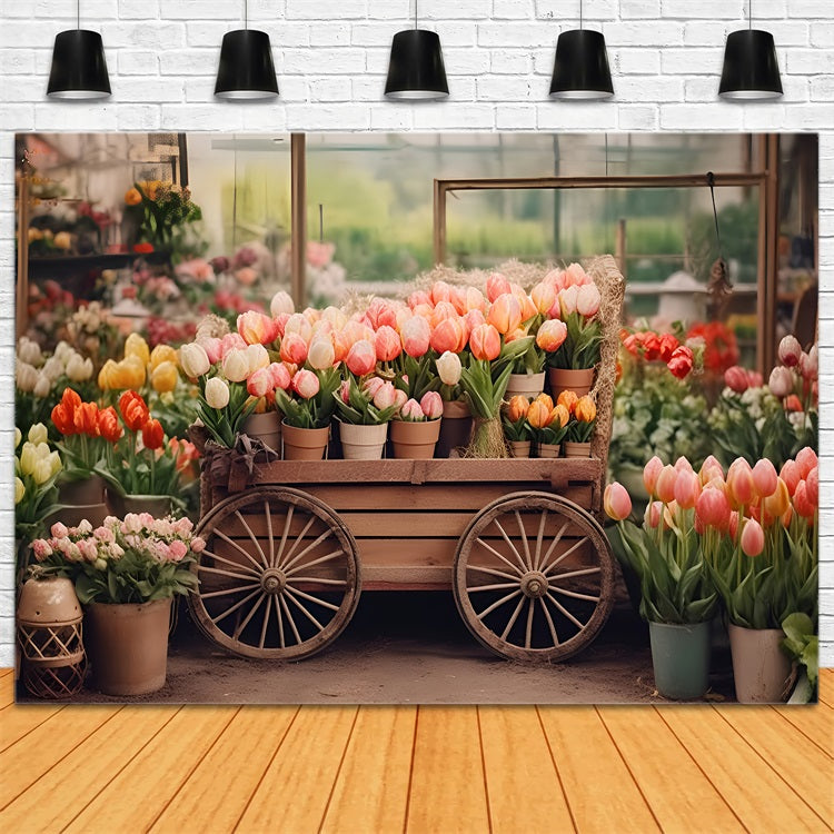 Spring Backdrop Photography Tulip Cart Rustic Market Backdrop UK LXX1-60