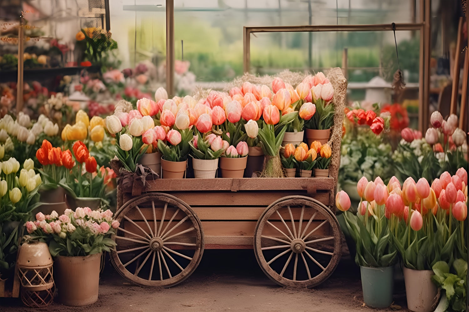 Spring Backdrop Photography Tulip Cart Rustic Market Backdrop UK LXX1-60