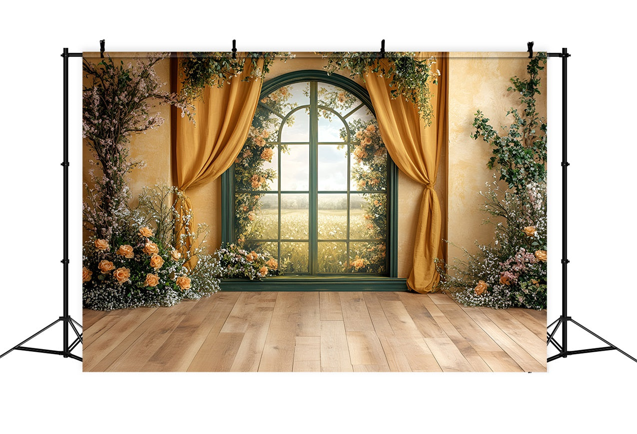 Spring Photo Backdrops Golden Window Floral Curtains Backdrop UK LXX1-61