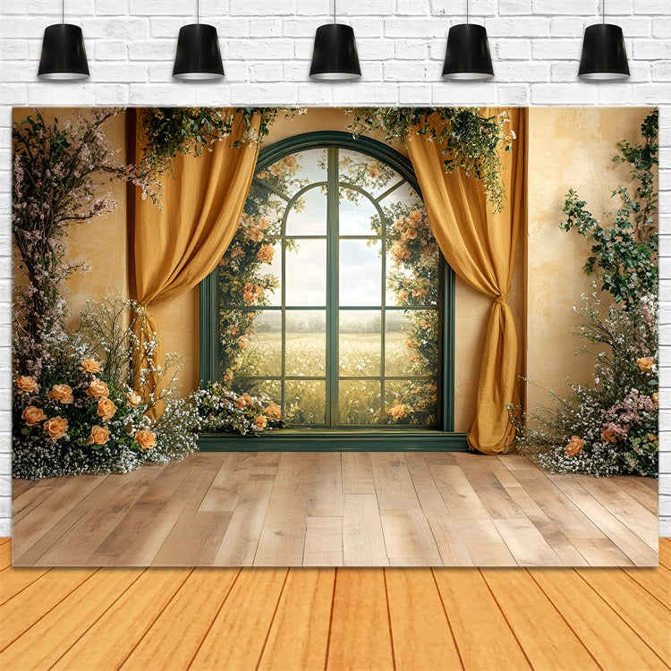 Spring Photo Backdrops Golden Window Floral Curtains Backdrop UK LXX1-61