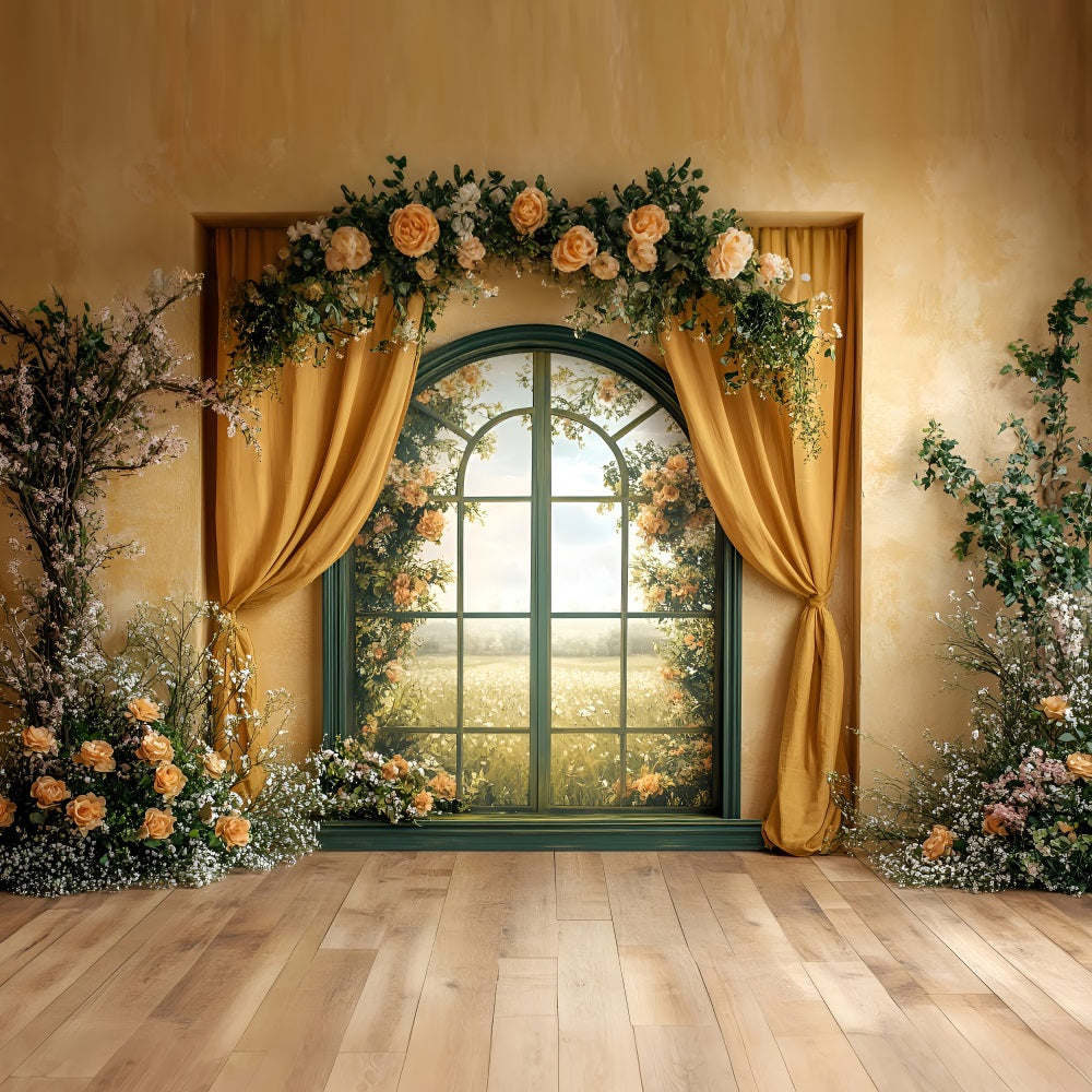 Spring Photo Backdrops Golden Window Floral Curtains Backdrop UK LXX1-61