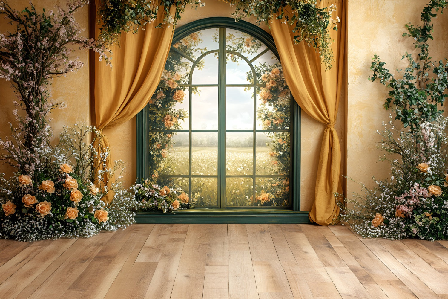 Spring Photo Backdrops Golden Window Floral Curtains Backdrop UK LXX1-61