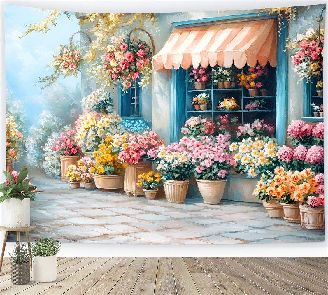 Photography Spring Backdrops Blue Cottage Flower Shopfront Backdrop UK LXX1-68