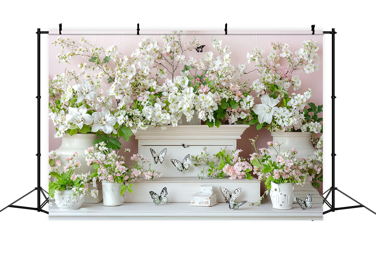 Spring Flowers Backdrop White Blossoms Butterflies Backdrop UK LXX1-7