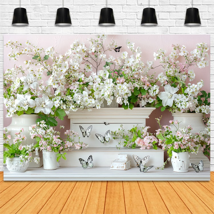 Spring Flowers Backdrop White Blossoms Butterflies Backdrop UK LXX1-7