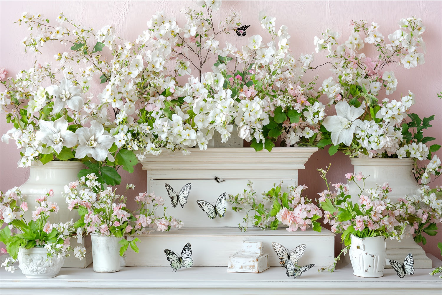 Spring Flowers Backdrop White Blossoms Butterflies Backdrop UK LXX1-7