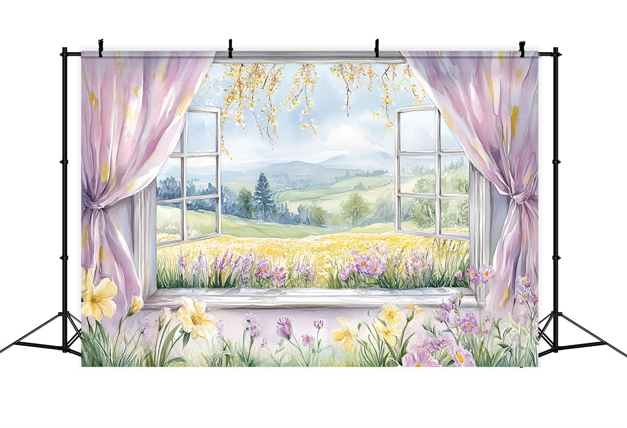 Backdrops Spring Rustic Window Scene Flowers Hills Backdrop UK LXX1-77