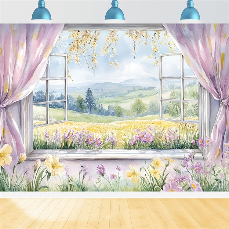 Backdrops Spring Rustic Window Scene Flowers Hills Backdrop UK LXX1-77