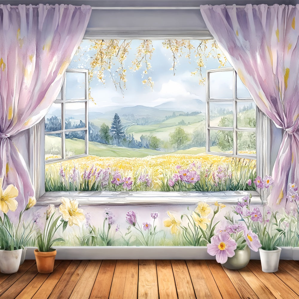 Backdrops Spring Rustic Window Scene Flowers Hills Backdrop UK LXX1-77