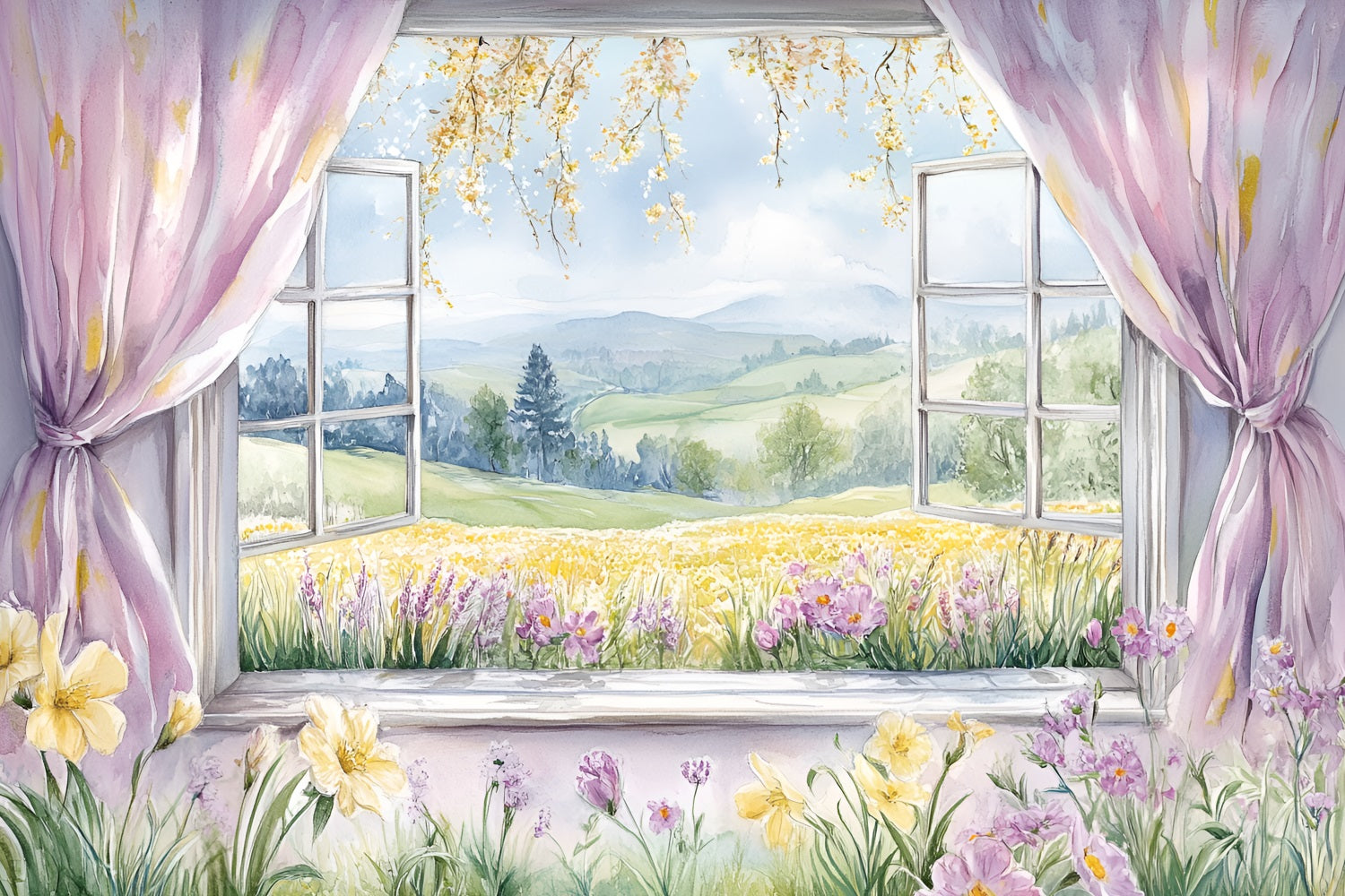 Backdrops Spring Rustic Window Scene Flowers Hills Backdrop UK LXX1-77