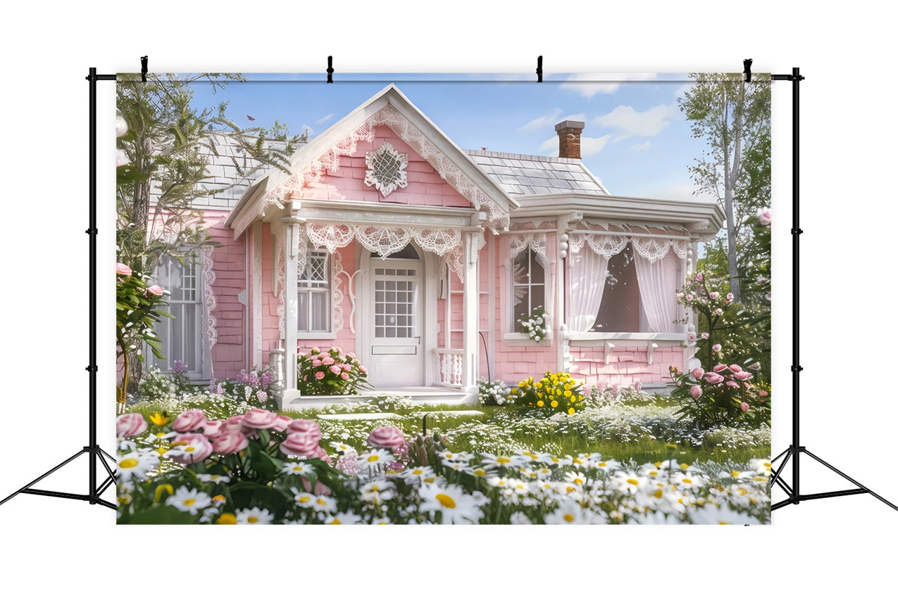 Springtime Backdrop Pink Cottage Blooming Garden Photography Backdrop UK LXX1-89