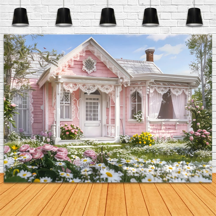 Springtime Backdrop Pink Cottage Blooming Garden Photography Backdrop UK LXX1-89