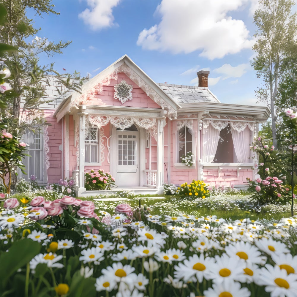 Springtime Backdrop Pink Cottage Blooming Garden Photography Backdrop UK LXX1-89