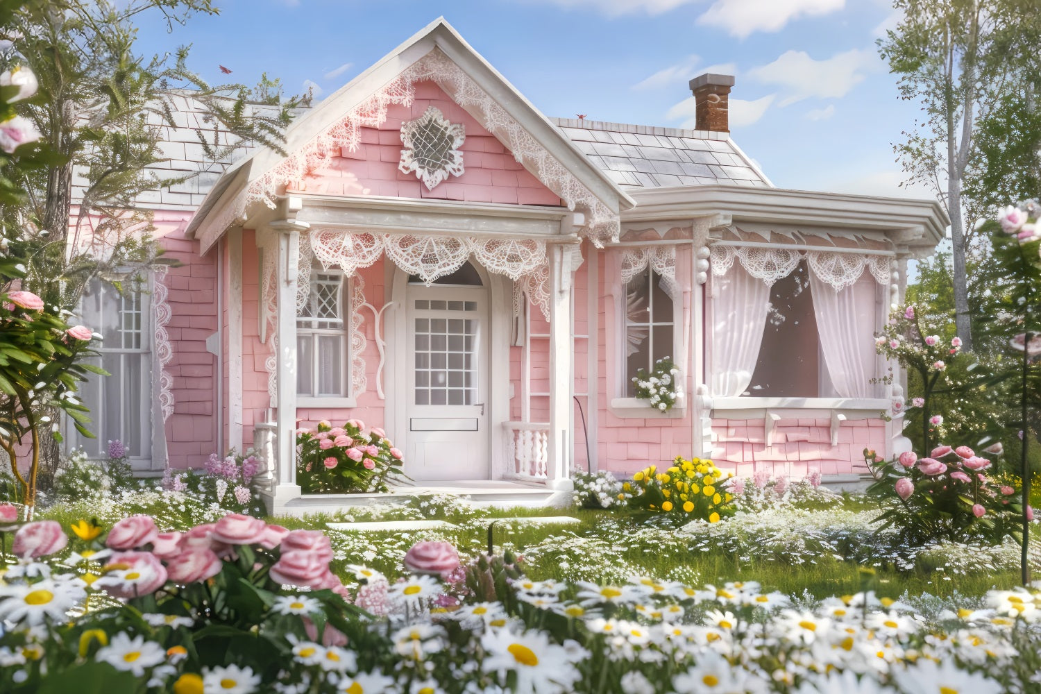 Springtime Backdrop Pink Cottage Blooming Garden Photography Backdrop UK LXX1-89