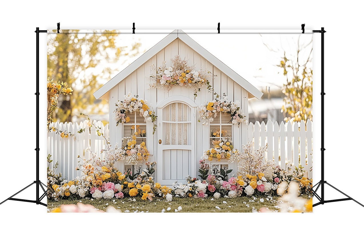 Spring Backdrops Ideas White Cottage Floral Yard Backdrop UK LXX1-90