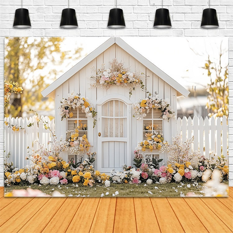 Spring Backdrops Ideas White Cottage Floral Yard Backdrop UK LXX1-90