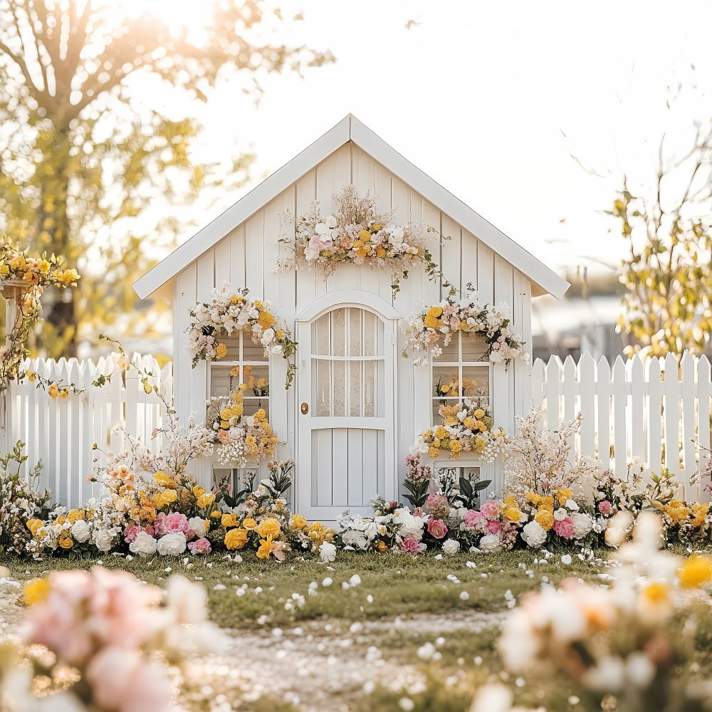 Spring Backdrops Ideas White Cottage Floral Yard Backdrop UK LXX1-90