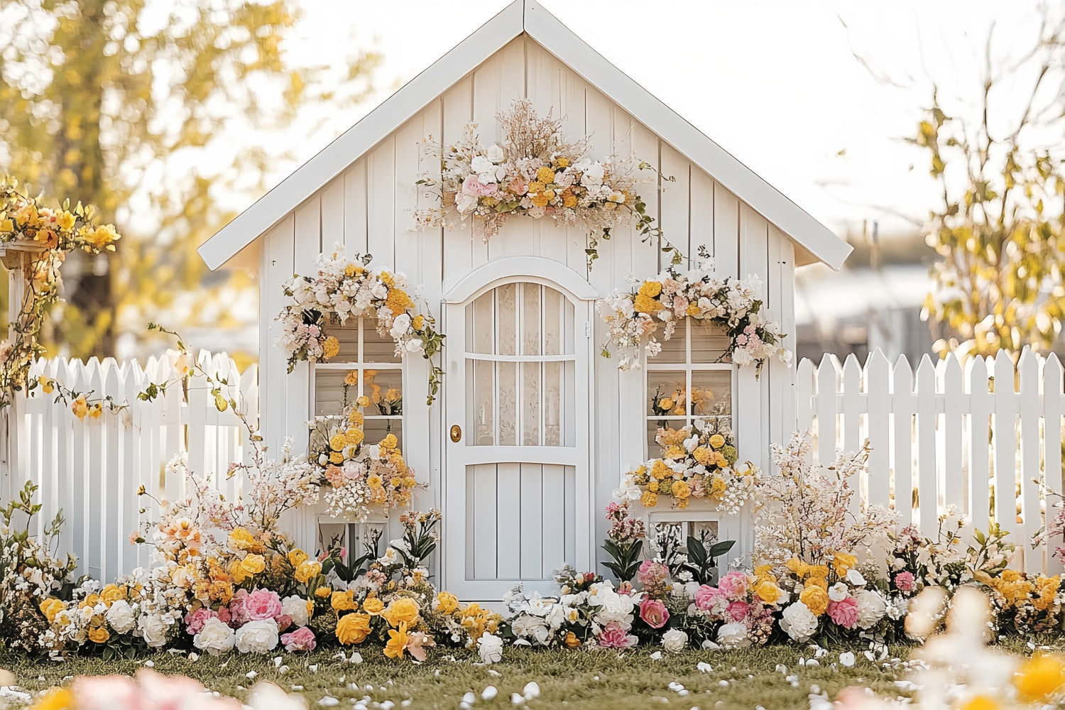 Spring Backdrops Ideas White Cottage Floral Yard Backdrop UK LXX1-90