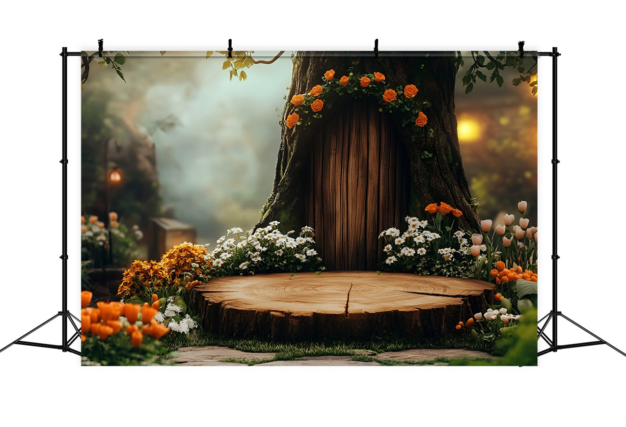 Spring Photo Backdrop Tree Stump Floral Door Backdrop UK LXX1-99