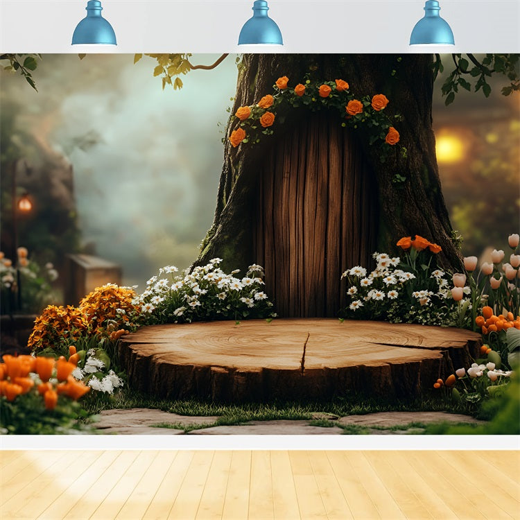 Spring Photo Backdrop Tree Stump Floral Door Backdrop UK LXX1-99