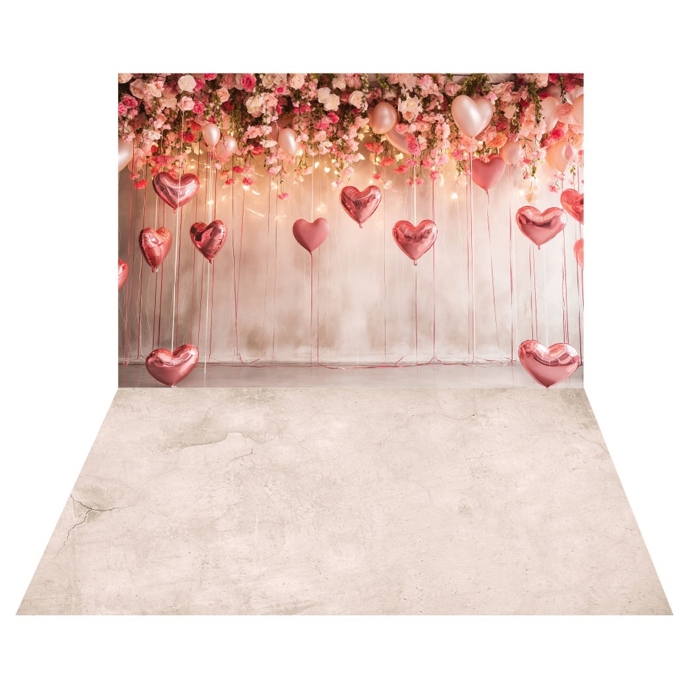 Valentine's Day Floral Heart Balloon Backdrop+Textured Concrete Floor Backdrop UK LXX2-10