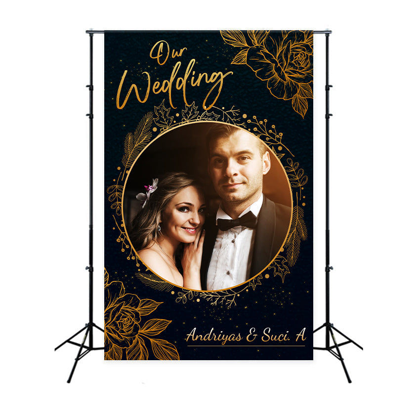 Custom Backdrop For Wedding Elegant Golden Floral Frame Backdrop UK LXX2-136