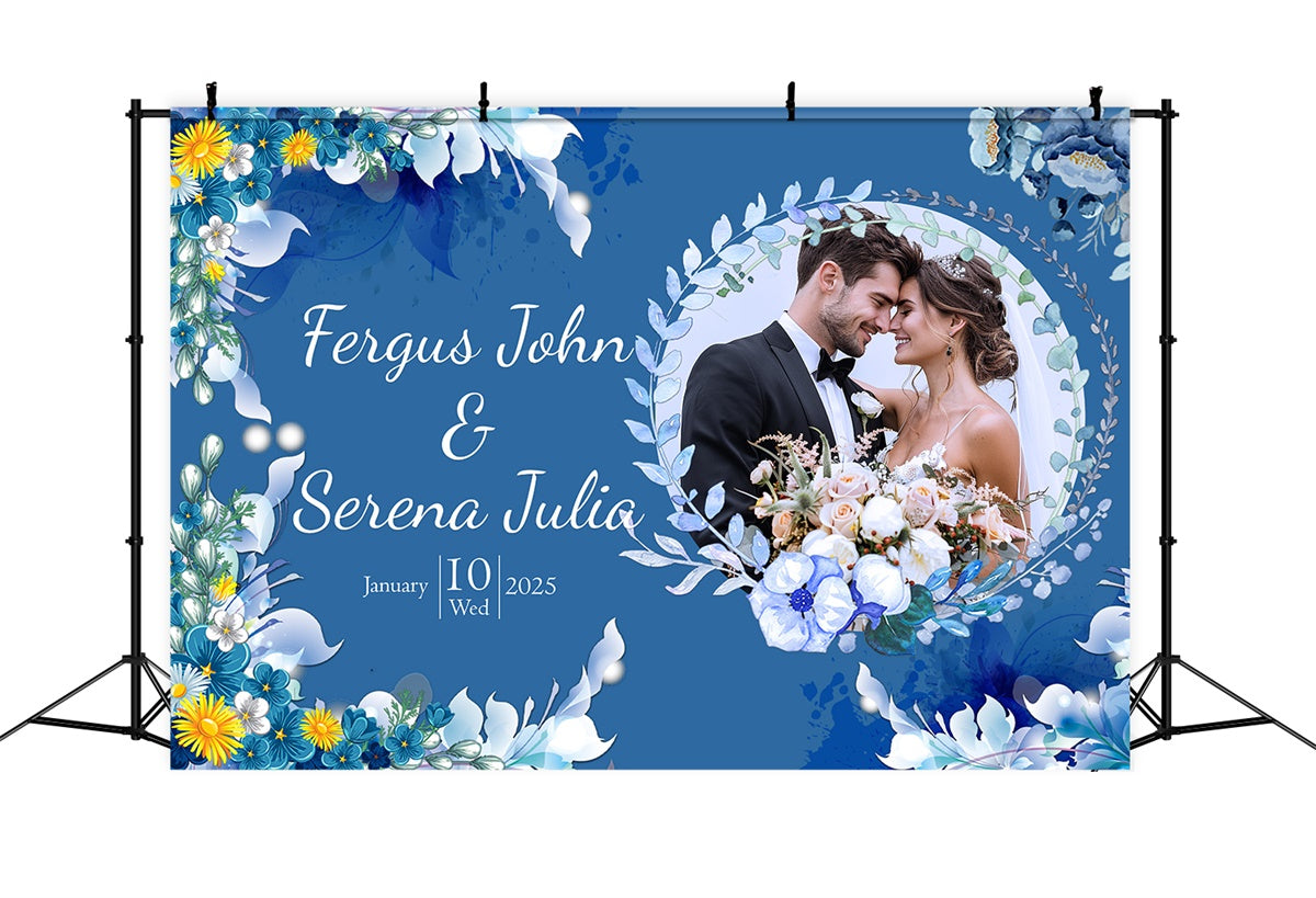 Custom Wedding Photo Backdrop Romantic Blue White Floral Backdrop UK LXX2-146