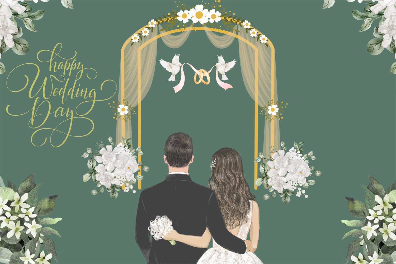 Custom Backdrop For Wedding Elegant White Floral Green Backdrop UK LXX2-148