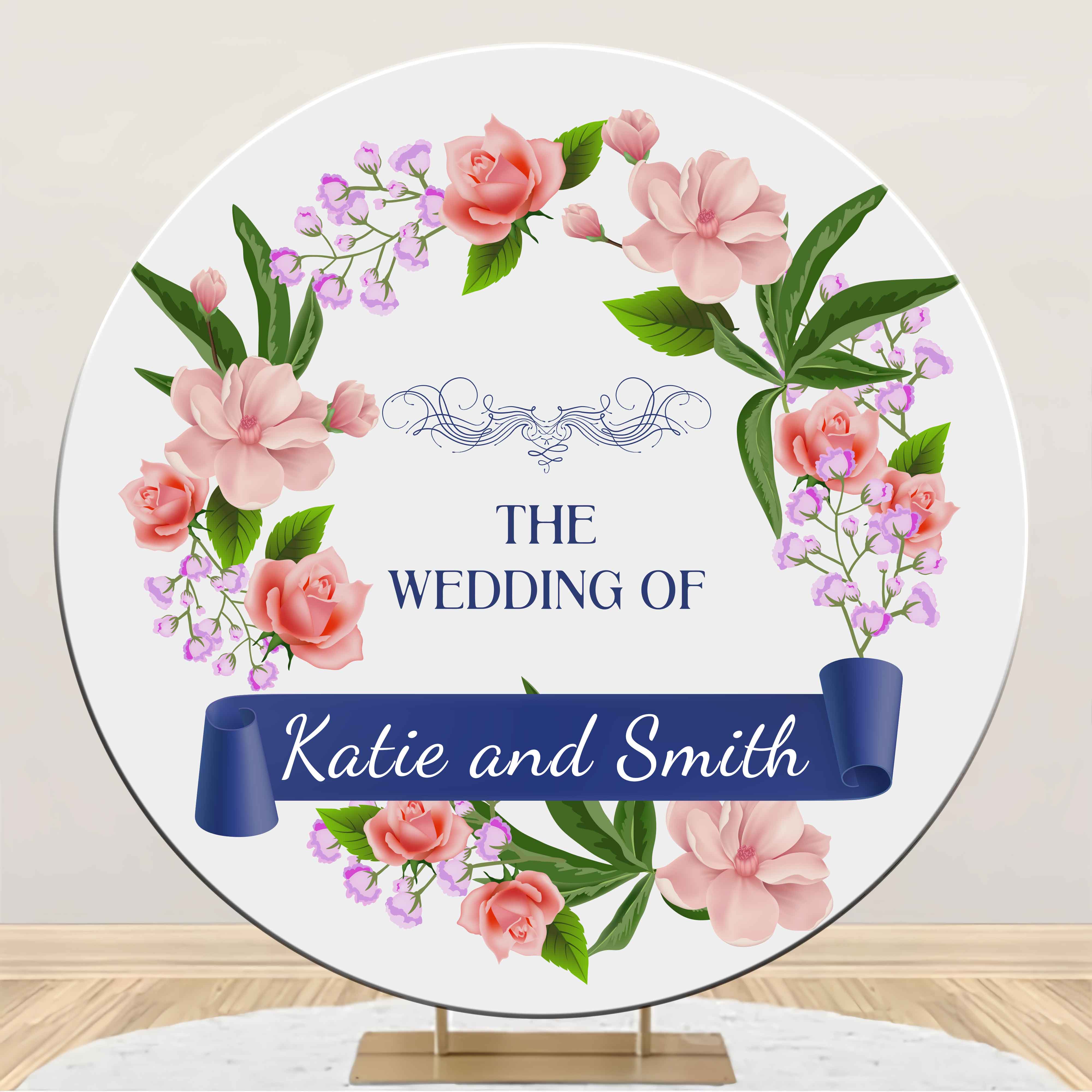 Personalized Wedding Backdrop Floral Blue Ribbon Round Backdrop UK LXX2-153