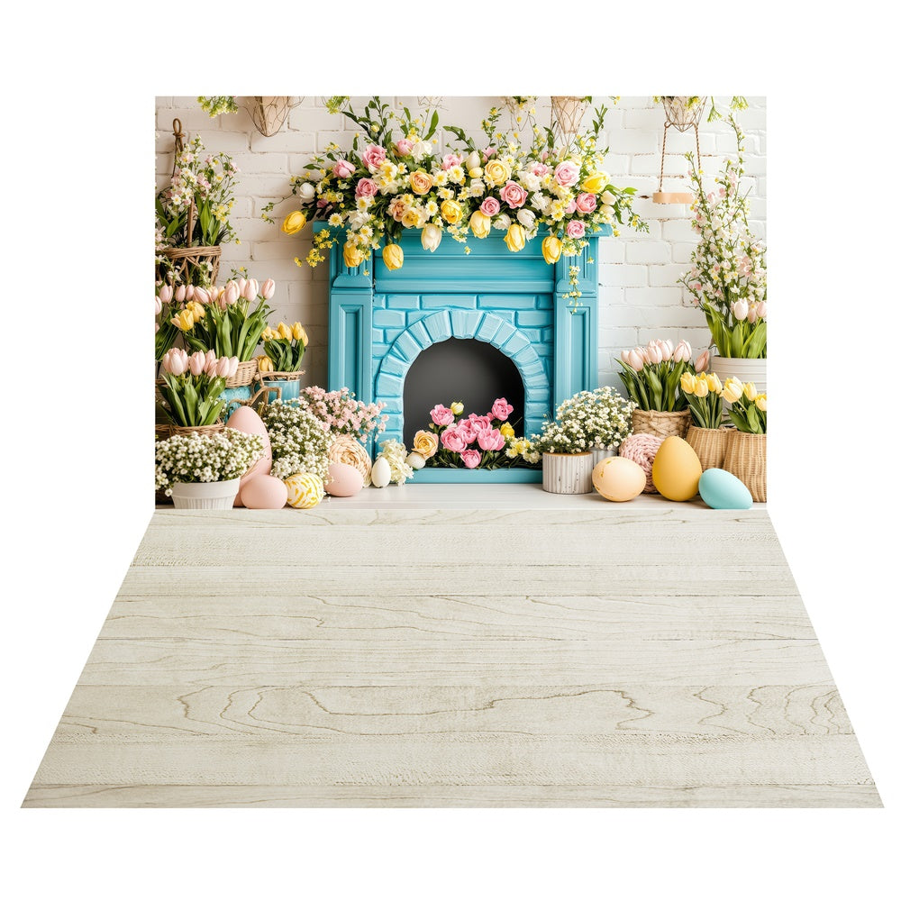 Floral Fireplace Easter Backdrop+Vintage Wooden Floor Backdrop UK LXX2-16